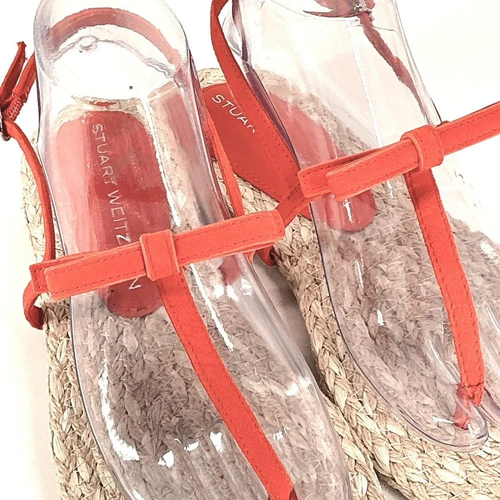 Stuart Weitzman Size 8.5 Orange Suede Raffia Thong Sandals NEW Espadrille Flat‎